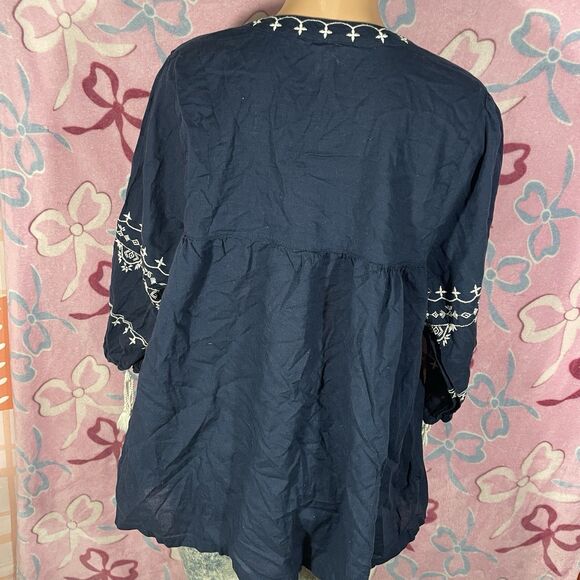 Time & Tru Navy Blue & white Floral Boho Peasant Blouse Size XXL - Picture 5 of 7